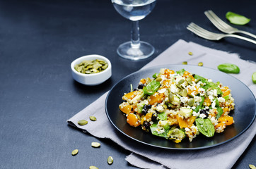pumpkin quinoa black beans spinach Feta salad with pumpkin seeds