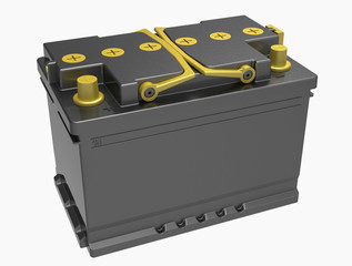3D black car/truck battery with yellow caps and handles on white