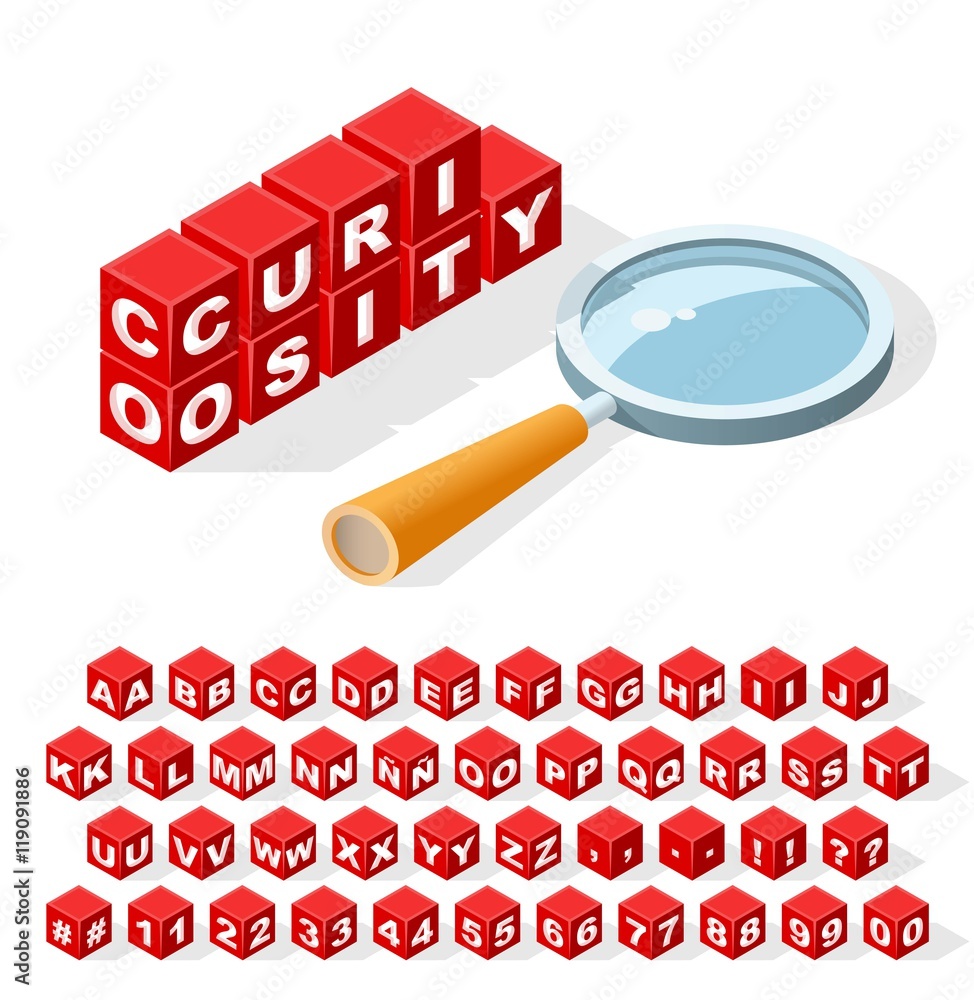 Poster set of isometric latin alphabet letters with numbers and isolated creative red block word 