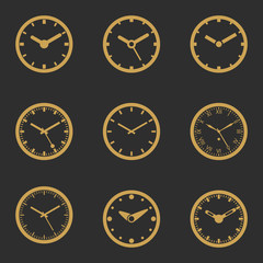 Clock Icon Set In Gold Color - Outline Isolated Vector Illustration. Simplified Lines Design.