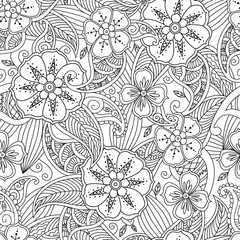Seamless pattern with flowers and leafs in doodle mendie style. - 119092437