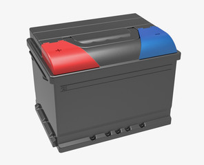 3D black car battery with red and blue caps and handle on white