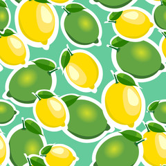 Seamless pattern with big lemons and limes with leaves. Turquoise background.