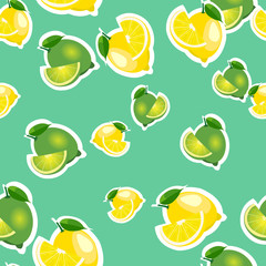 Seamless pattern with lemons and limes with leaves and slices stickers. Turquoise background.