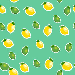 Seamless pattern with small lemons and limes with leaves. Turquoise background.