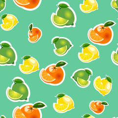 Seamless pattern with lemon, orange, lime with slices. Fruit isolated on a turquoise background