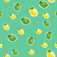 Seamless pattern with small lemons and limes with green leaves. Turquoise background.