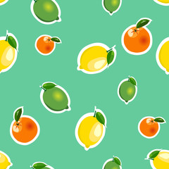 Seamless pattern with lemon, orange, lime. Fruit isolated on a turquoise background