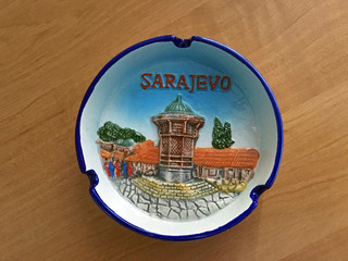 The ashtray on the table as souvenir from travel in the Sarajevo