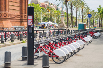 Obraz premium Bikes for rent on bicycle parking in Barcelona