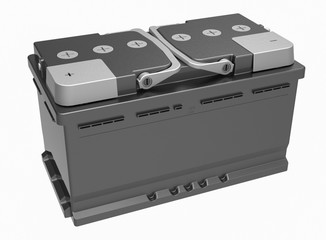 3D black truck battery with gray terminal covers and handles on white