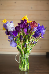 Purple iris flower vase, on the background.
