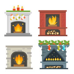 Set of vector fireplace icons and fireplace design. Fireplace house room warm christmas silhouette. Fireplace flame bright decoration coal furnace. Comfortable warmth fireplace collection.