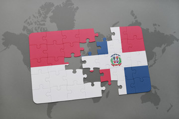 puzzle with the national flag of indonesia and dominican republic on a world map background.