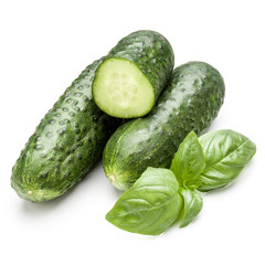 Cucumber vegetable and basil leaves isolated on white background