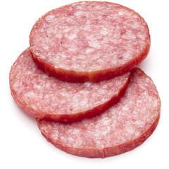 Salami smoked sausage three slices isolated on white background