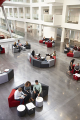 Students sitting in university atrium, vertical