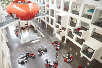 Modernist interior of a university atrium, elevated view