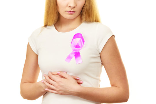 Woman Sad Girl Wih Pink Cancer Ribbon On Chest