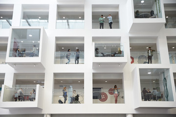Students in study rooms, visible from the university lobby