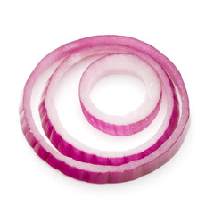 Sliced red onion rings isolated on white background cutout