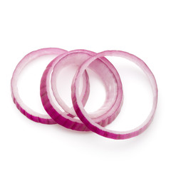 Sliced red onion rings isolated on white background cutout