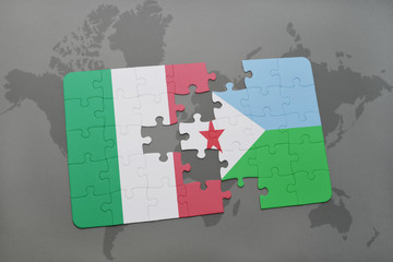 puzzle with the national flag of italy and djibouti on a world map background.
