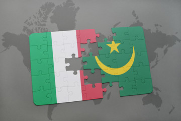 puzzle with the national flag of italy and mauritania on a world map background.