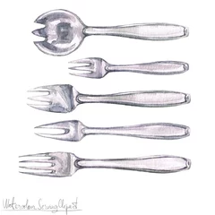 Deurstickers Watercolor Kitchenware Clipart - Cutlery © nataliahubbert