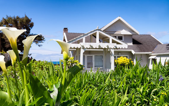 Fototapeta Flower garden frames a view of classic vintage beach architecture