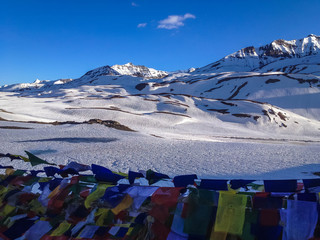 Prayer flags at Manali - Sarchu camp - Leh, Ladakh highway road in India on July 5, 2014