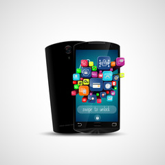 Black touch screen smartphone and application icon isolated on white background 