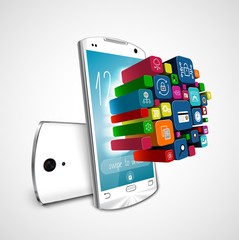 White smartphone with application icons isolated on white background. 3D illustration