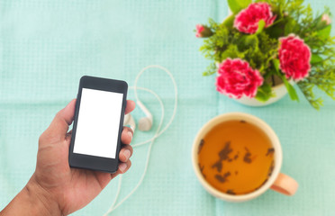 Man hands using smart phone white screen