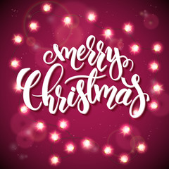 Vector hand drawn lettering - merry christmas - with shining garland bulbs