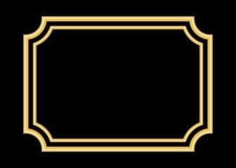 Gold frame. Beautiful simple golden design. Vintage style decorative border, isolated on black background. Deco elegant art object. Empty copy space for decoration, photo, banner. Vector illustration.