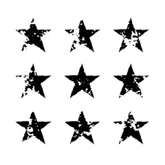 Star icons with grunge texture set. Vintage retro style. Design elements. Black silhouette, isolated on white background. Grungy artistic template. Distressed symbol. Paint brush. Vector illustration - 119109043