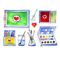 watercolor, colored pencils, drawing materials, accessories for painting