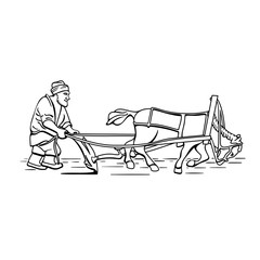 Cartoon plowman farmer and horse vector illustration