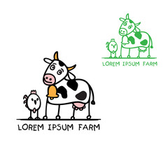 Cartoon cow and chicken funny farm logo vector illustration