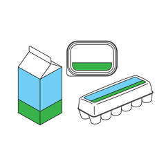 Eggs, milk and butter boxes line template vector illustration