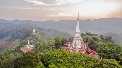 aerial photo by drone at wat Bangreang in PhangNga province.you can see Buddha with a naga on the  head ,QuanYin and big pagoda on the hill top 