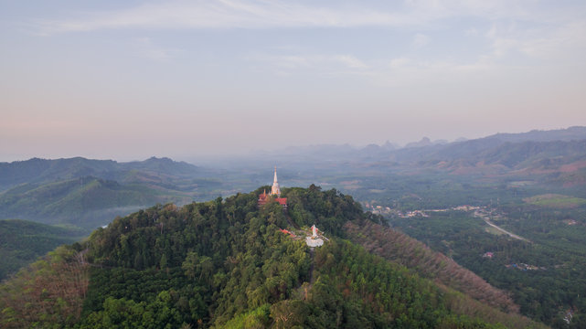 aerial photo by drone at wat Bangreang in PhangNga province.you can see Buddha with a naga on the  head ,QuanYin and big pagoda on the hill top 