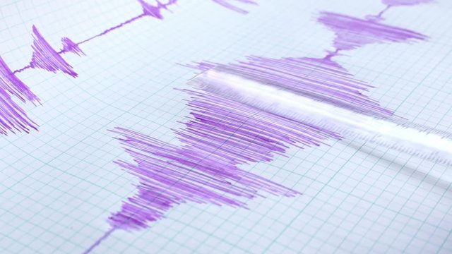 Seismological device for measuring earthquakes. Seismological activity lines on the sheet of measuring paper. Earthquake wave on graph paper. Ruler and human hand.