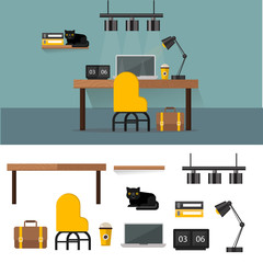 Workplace, workspace. Interior design furniture and objects set.