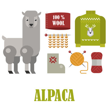 Alpaca and wool products, knitting objects and needles vector flat set.