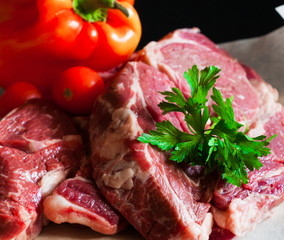 Food. ribeye steak, raw, vegetables