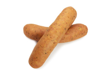 Fresh smoked sausages or bratwurst isolated on white background.