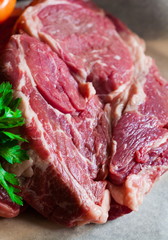 Food. ribeye steak, raw, vegetables