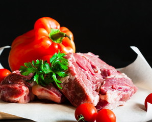 Food. ribeye steak, raw, vegetables